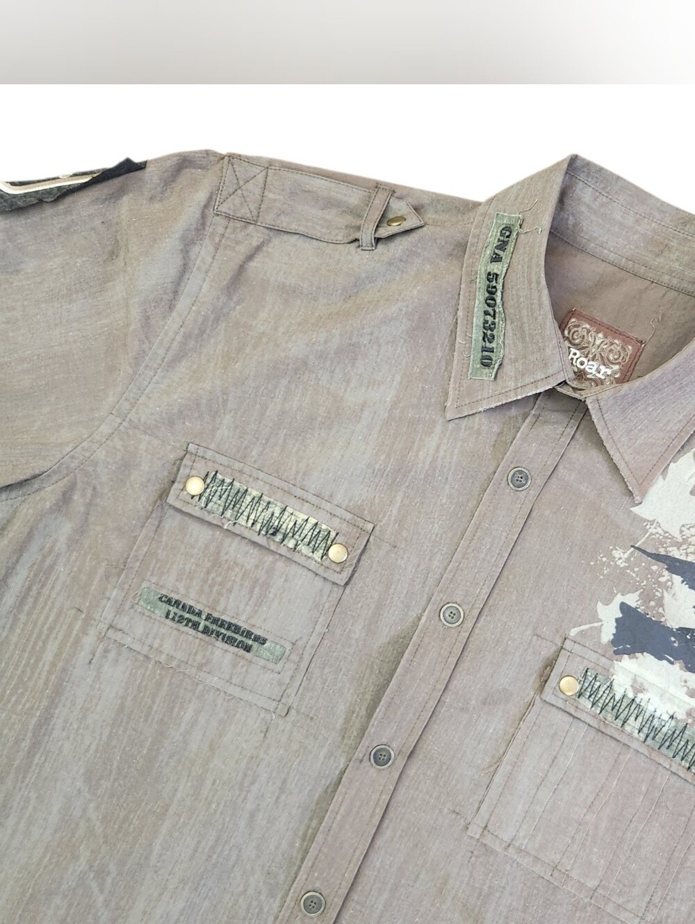 Roar Freebird Shirt Men XXXL Long Sleeve Olive Green Patches Graphic Embroidered